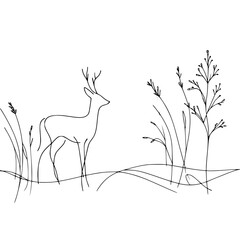 Poster - Outline vector illustration of a deer standing near grass and plants  