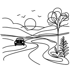 Poster - Car driving on winding road with trees and sun in landscape  