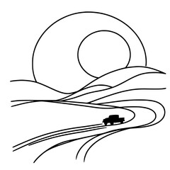 Poster - Scenic outline of a truck driving on winding road under the sun - Concept of single line outline vector school  