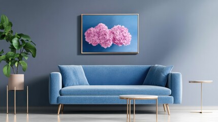 Fototapete - Blue canvas enhances the pink hues of hydrangea in a metallic rose-gold frame
