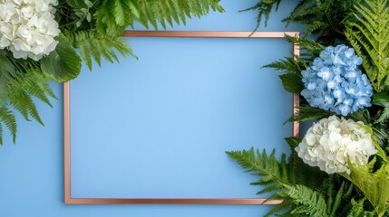 Fototapete - Bold blue backdrop contrasts a rose-gold frame filled with hydrangea and fern