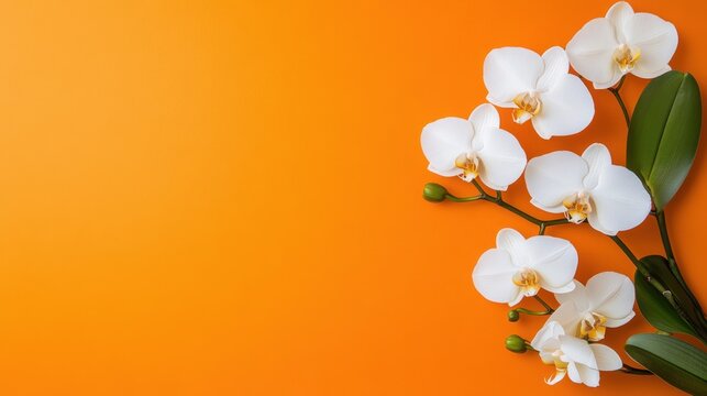Bold orange background highlights an elegant gold frame with orchids