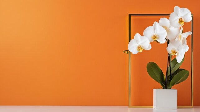 Bold orange background highlights an elegant gold frame with orchids