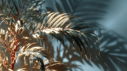 Fototapete - Golden palm leaves casting shadows on a light gray background.