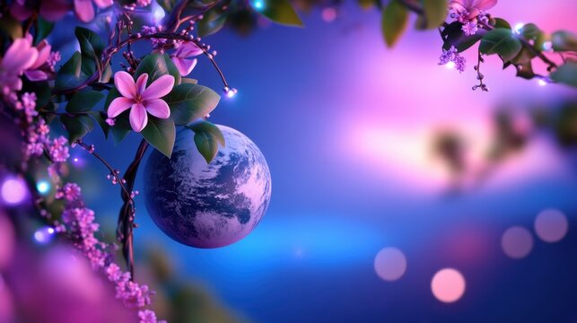 Floral vines wrap around a moon frame cradling Earth, on a gradient background of twilight blues and purples