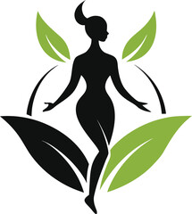 Wall Mural - A graceful silhouette of a young woman embracing nature, with a flower, leaf, and branch symbolizing eco-beauty in a vector illustration design