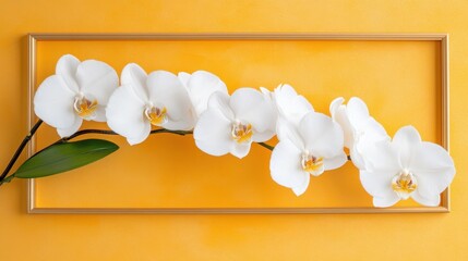 Fototapete - Rich orange tones contrast a metallic gold frame with white orchids