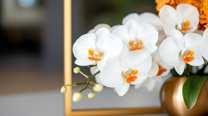 Fototapete - Rich orange tones contrast a metallic gold frame with white orchids
