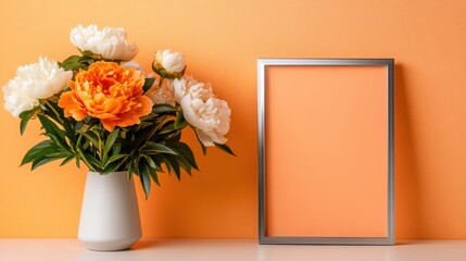 Fototapete - Soft peach background highlighting silver-framed arrangement of full peonies