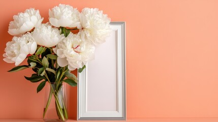 Fototapete - Soft peach background highlighting silver-framed arrangement of full peonies