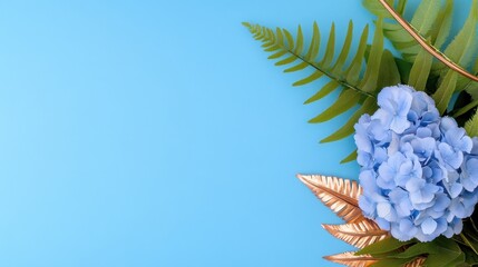Fototapete - Vibrant blue background with rose-gold frame holding hydrangea and fern bouquet
