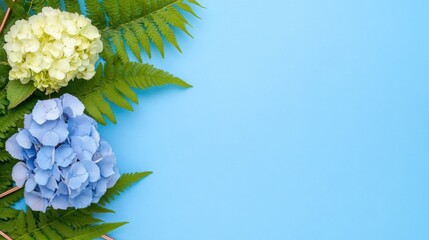 Fototapete - Vibrant blue background with rose-gold frame holding hydrangea and fern bouquet