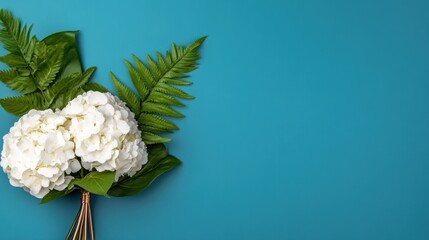 Fototapete - Vibrant blue background with rose-gold frame holding hydrangea and fern bouquet