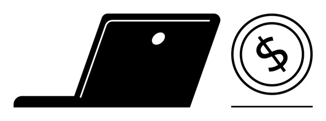 Poster - Minimalistic open laptop and dollar coin emphasize online finance, digital economy, remote work, e-commerce, investment, banking, and money management. Ideal for technology and finance flat simple