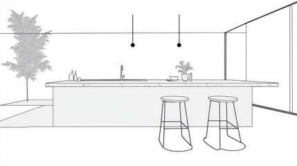Poster - Outline drawing of a modern kitchen counter with stools.