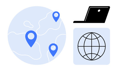 Poster - Map with geolocation pins, laptop, and globe representing global communication, online collaboration, and worldwide connectivity. Ideal for digital tools, business, technology, navigation education