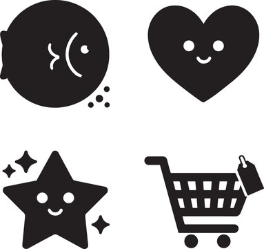 Whimsical Icon Set Heart, Star, Shopping Cart & Fish Cartoon Black Symbols for Design & Illustration projects - EPS Vector Graphics in Monochrome style