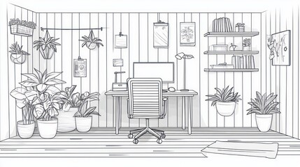 Poster - Hand-drawn illustration of a cozy home office with plants.
