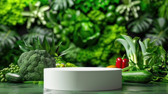 Empty display podium with vivid veggie background, natural produce concept