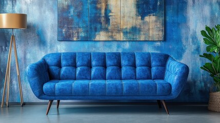 Poster - Vibrant blue sofa in a stylishly decorated living room.
