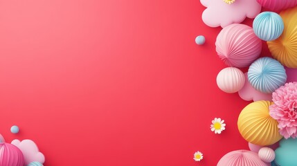 Poster - Colorful paper balls and flowers on a vibrant red background.