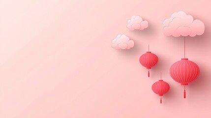 Poster - Pink paper cut out lanterns and clouds.