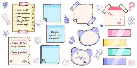 Poster - Cute memo note collection - torn paper with handwriting, blue sticky notes, taped sheets, purple bear shaped reminders. Colorful stationery set with doodles like for planners or scrapbooking.