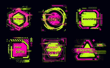Leinwandbilder - Cyberpunk glitch frame collection with neon colors - circular badge, triangular border design, hexagonal print element. Digital interface graphics for futuristic ui, tech overlays and gaming assets.