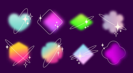 Poster - Y2k gradient shape set with glowing blur effects - diamond, rhombus and hexagon, flower and heart. Neon colored geometric elements with sparkles for retro futuristic designs.