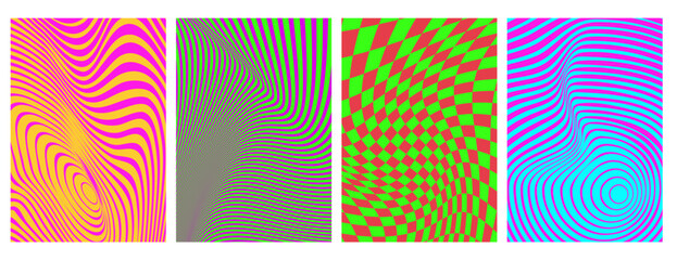 Poster - Abstract wave patterns with optical illusions - color neon psychedelic stripes with hypnotic distortion effects, checkered tunnel perspective for retro poster designs, trippy bg or graphics elements.