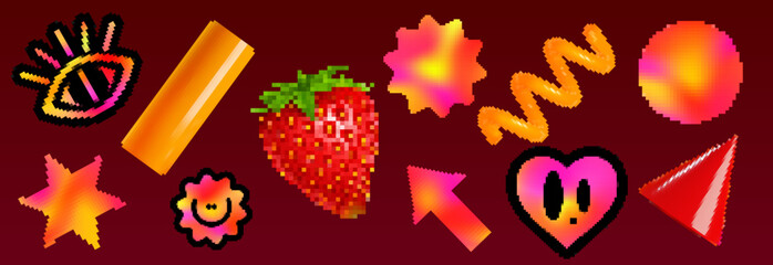Poster - Vibrant y2k brutalism set with pixel art strawberry, neon gradient shapes of star and arrow, heart face and eye on dark red backdrop. Digital nostalgia retro gaming aesthetics for cyber poster layout