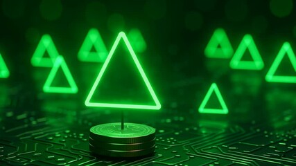 Poster - Business carbon credit. Glowing green neon triangle icons floating above stacked coins dark circuit board symbolizing digital currency technology and futuristic circuit