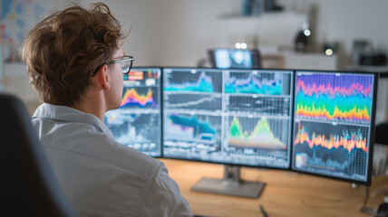Poster - Data scientist analyzing peak energy and power usage on multiple computer screens in modern office