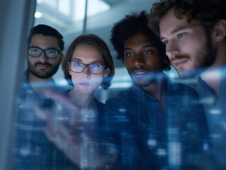 Poster - Diverse team analyzing data on transparent screen, focused, collaborative, modern office, technology, innovation