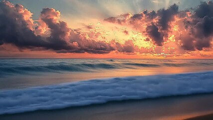 Wall Mural - Serene sunset over ocean waves with vibrant clouds reflecting warm colors on the horizon