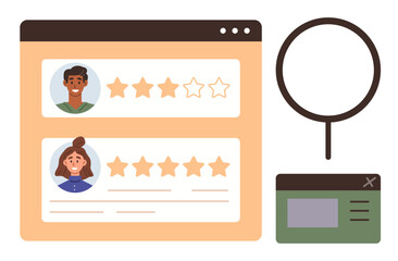 Poster - Web interface showing user reviews with star ratings, search magnifier, and popup window. Ideal for feedback, rating system, customer reviews, user experience, quality assessment, online platforms