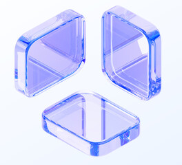 Poster - 3d glass holographic square block shapes on light blue background. Abstract geometric crystal rectangle plates with sparkles and motion effect. Futuristic digital technology design. 3D illustration