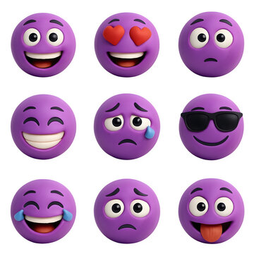Collection of nine purple emoji faces with different expressions isolated on transparent background