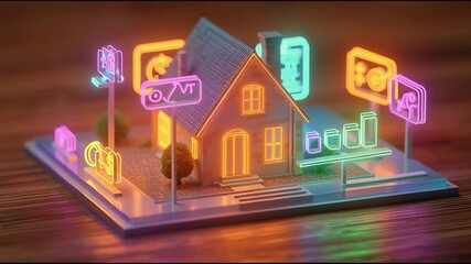 Poster - A cozy modern house rendered with floating icons of rent, sell, home loan, and ROI in bright neon colors — financial dashboard concept
