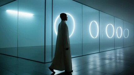 Poster - A woman stands in front of a wall of glass with circles on it. The circles are neon and the woman is wearing a white robe. The scene is dark and mysterious, with the woman looking into the distance
