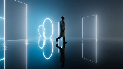 Poster - A man stands in front of a series of blue circles. The circles are neon and appear to be glowing. The man is looking at the circles, seemingly in awe or contemplation