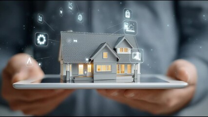 Poster - A tablet screen showing a virtual house model with floating icons of home security, energy efficiency, and real estate analytics — smart home business