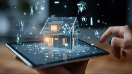 Poster - A tablet screen showing a virtual house model with floating icons of home security, energy efficiency, and real estate analytics — smart home business
