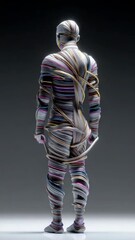 Poster - A man made of wire and metal stands in front of a gray background. The man is wearing a colorful outfit and has a metallic look to him. Concept of creativity and artistry