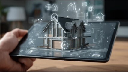 Poster - A tablet screen showing a virtual house model with floating icons of home security, energy efficiency, and real estate analytics — smart home business