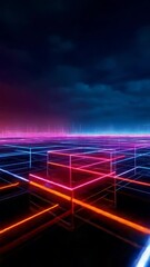 Fototapete - A colorful, neon cityscape with a dark sky. The city is filled with bright, glowing squares that seem to be floating in the air. Scene is one of excitement and energy