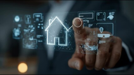 Poster - Close-up of a hand interacting with a holographic interface showing a smart house and IoT devices — real estate technology innovation