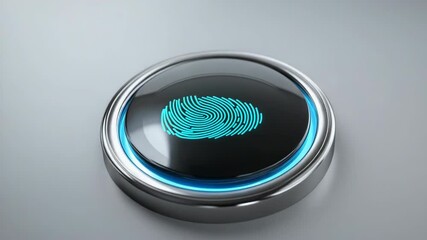 Poster - A blue and silver button with a fingerprint on it. The fingerprint is the only thing visible on the button