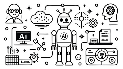Poster - Illustration of artificial intelligence elements with a robot, cloud, and computer screen icons design