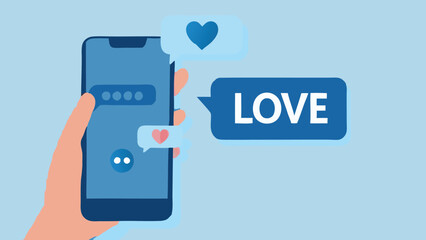 Poster - Hand holding a smartphone with love messages and heart icons displayed on a light blue background